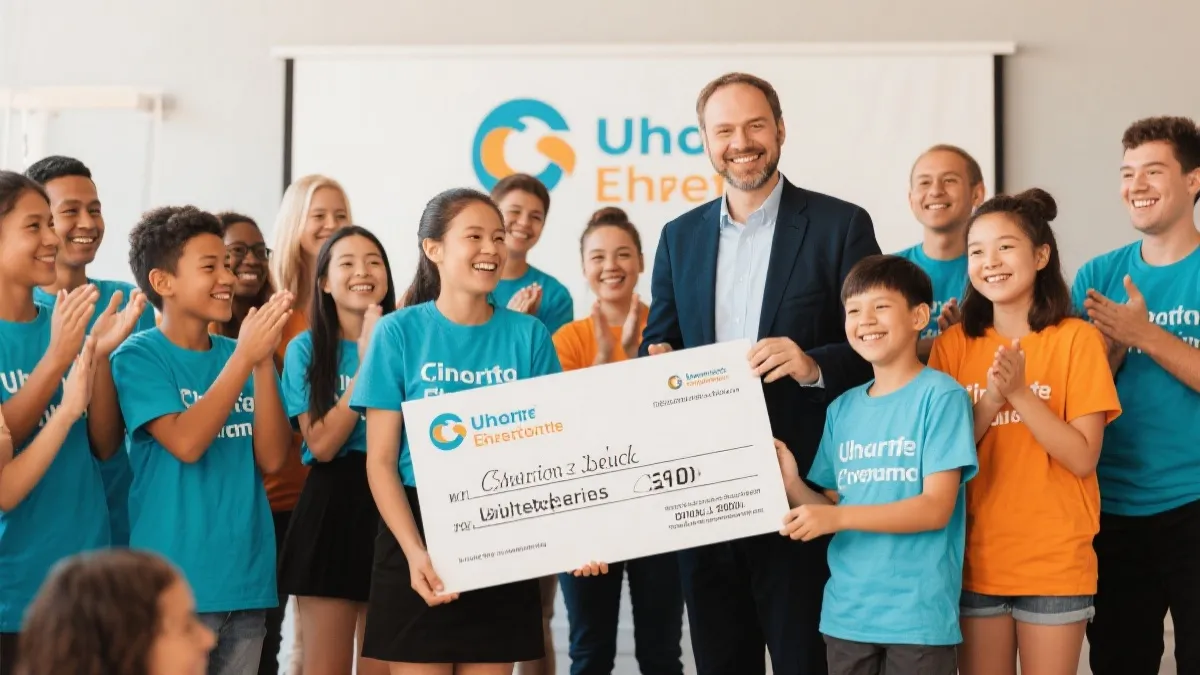 青少年公益捐赠仪式的温暖画面，志愿者与受助青少年笑容可掬